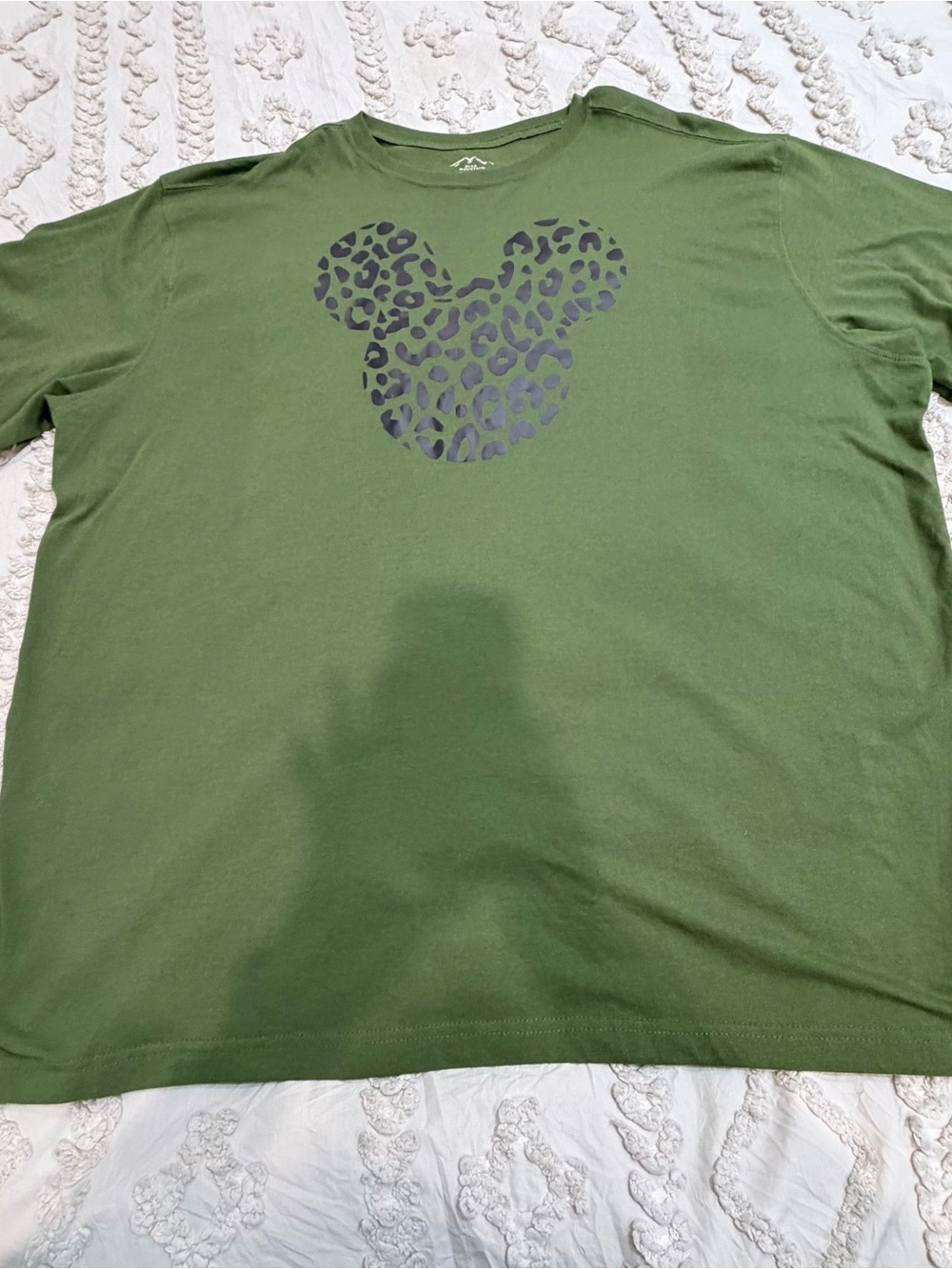 Disney Olive Green Short Sleeve Tee with Black Leopard Mickey Print